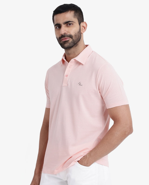 Rare Rabbit Men's Tunas Light Pink Cotton Polyester Fabric Collared Neck Half Sleeves Striped Polo T-Shirt
