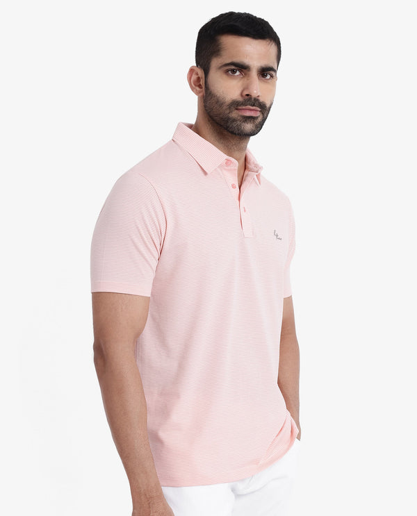 Rare Rabbit Men's Tunas Light Pink Cotton Polyester Fabric Collared Neck Half Sleeves Striped Polo T-Shirt