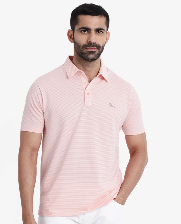 Rare Rabbit Men's Tunas Light Pink Cotton Polyester Fabric Collared Neck Half Sleeves Striped Polo T-Shirt