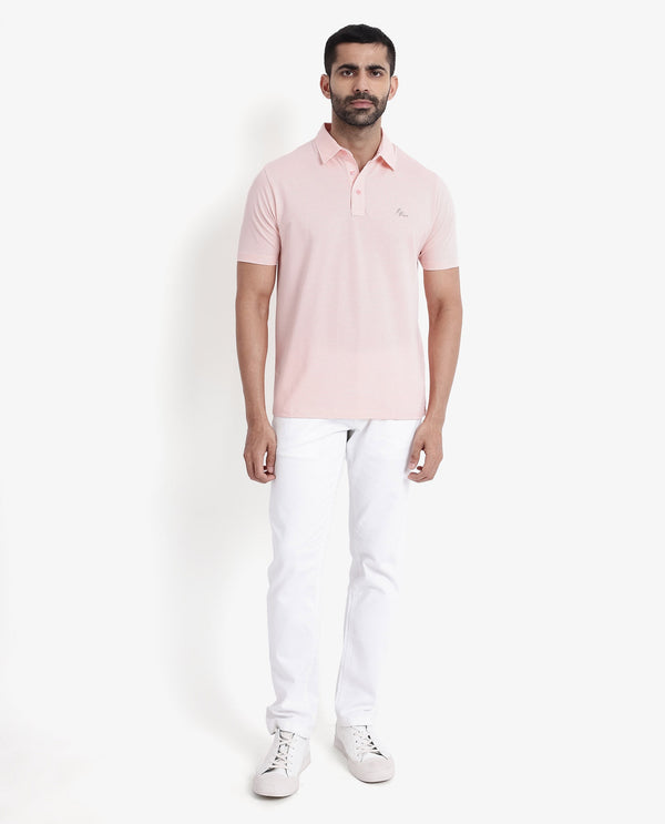 Rare Rabbit Men's Tunas Light Pink Cotton Polyester Fabric Collared Neck Half Sleeves Striped Polo T-Shirt
