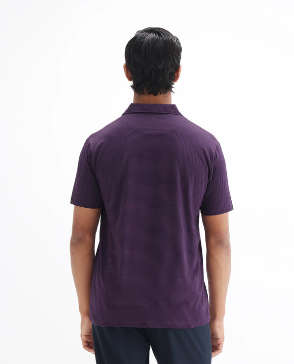 Rare Rabbit Men's Tunas Dark Purple Cotton Polyester Fabric Collared Neck Half Sleeves Striped Polo T-Shirt