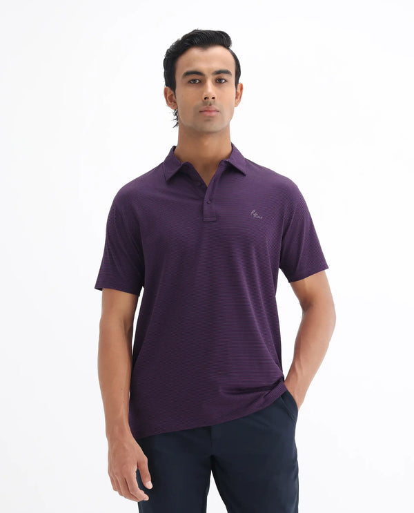 Rare Rabbit Men's Tunas Dark Purple Cotton Polyester Fabric Collared Neck Half Sleeves Striped Polo T-Shirt