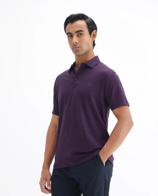 Rare Rabbit Men's Tunas Dark Purple Cotton Polyester Fabric Collared Neck Half Sleeves Striped Polo T-Shirt