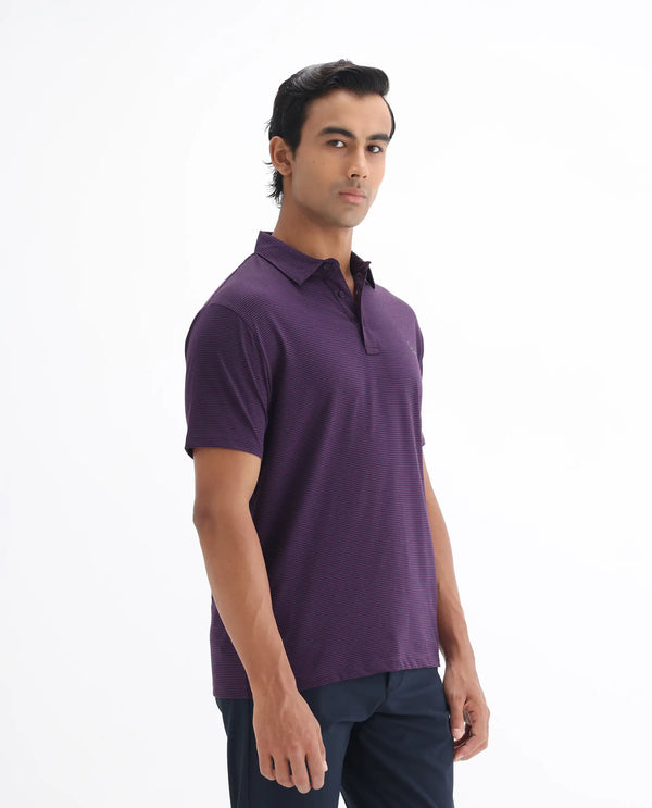 Rare Rabbit Men's Tunas Dark Purple Cotton Polyester Fabric Collared Neck Half Sleeves Striped Polo T-Shirt