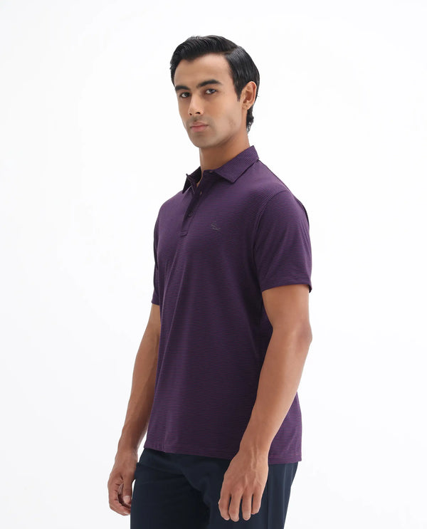Rare Rabbit Men's Tunas Dark Purple Cotton Polyester Fabric Collared Neck Half Sleeves Striped Polo T-Shirt