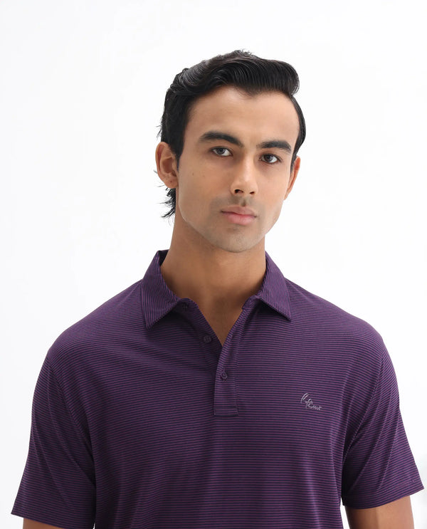Rare Rabbit Men's Tunas Dark Purple Cotton Polyester Fabric Collared Neck Half Sleeves Striped Polo T-Shirt