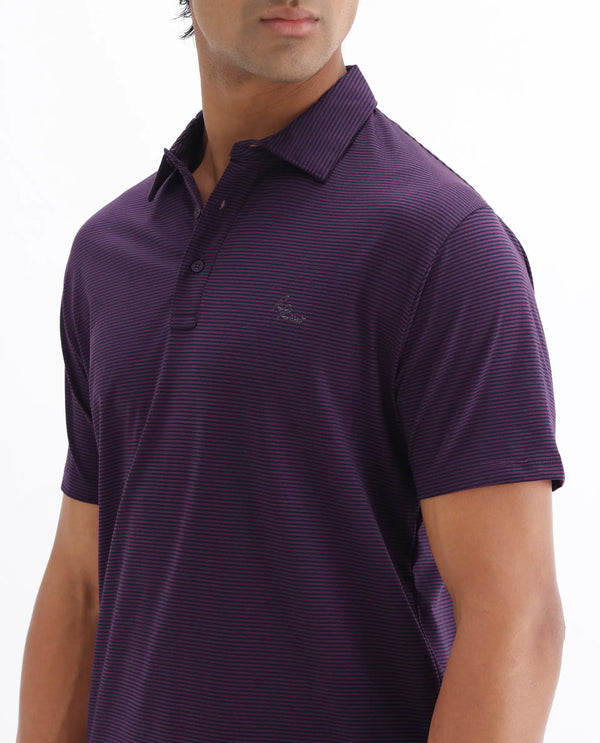Rare Rabbit Men's Tunas Dark Purple Cotton Polyester Fabric Collared Neck Half Sleeves Striped Polo T-Shirt