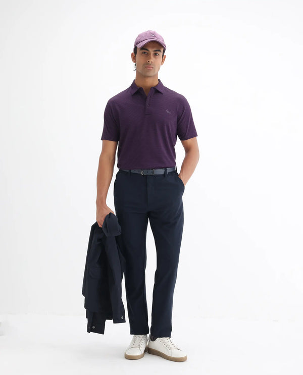 Rare Rabbit Men's Tunas Dark Purple Cotton Polyester Fabric Collared Neck Half Sleeves Striped Polo T-Shirt