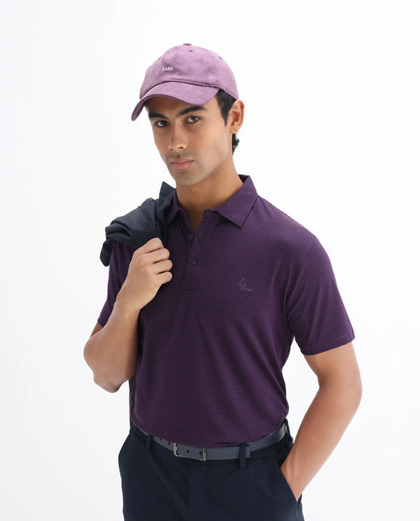 Rare Rabbit Men's Tunas Dark Purple Cotton Polyester Fabric Collared Neck Half Sleeves Striped Polo T-Shirt
