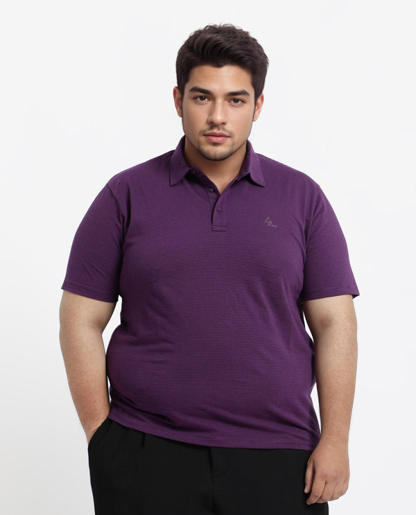 Rare Rabbit Men's Tunas Dark Purple Cotton Polyester Fabric Collared Neck Half Sleeves Striped Polo T-Shirt Plus Size