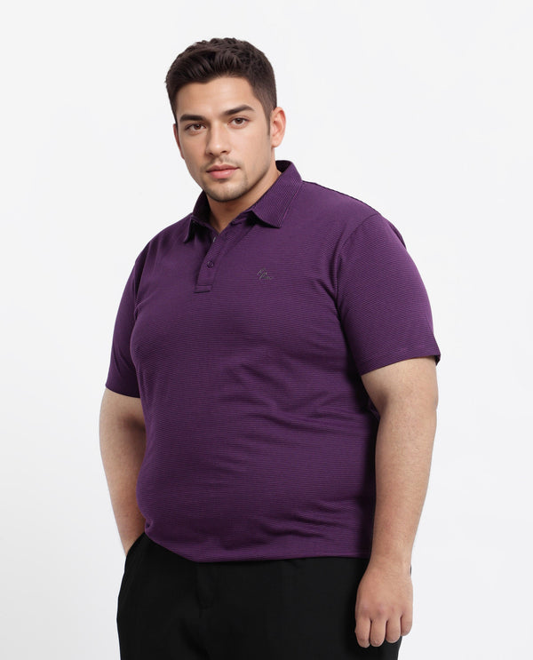 Rare Rabbit Men's Tunas Dark Purple Cotton Polyester Fabric Collared Neck Half Sleeves Striped Polo T-Shirt Plus Size