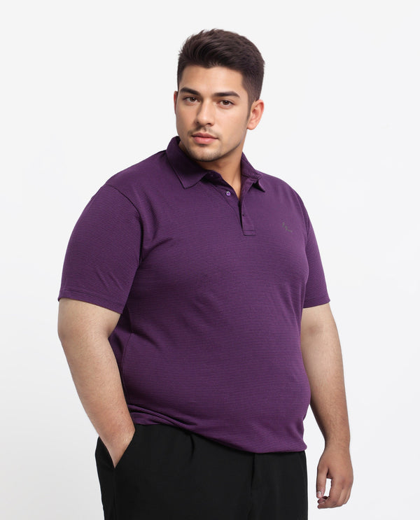 Rare Rabbit Men's Tunas Dark Purple Cotton Polyester Fabric Collared Neck Half Sleeves Striped Polo T-Shirt Plus Size