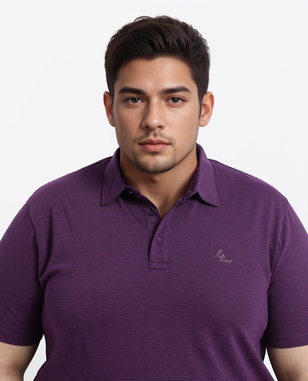 Rare Rabbit Men's Tunas Dark Purple Cotton Polyester Fabric Collared Neck Half Sleeves Striped Polo T-Shirt Plus Size