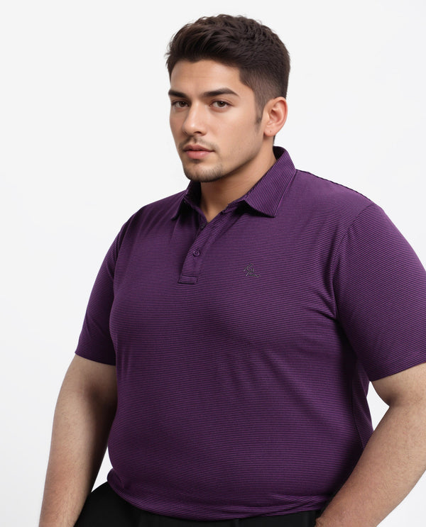 Rare Rabbit Men's Tunas Dark Purple Cotton Polyester Fabric Collared Neck Half Sleeves Striped Polo T-Shirt Plus Size