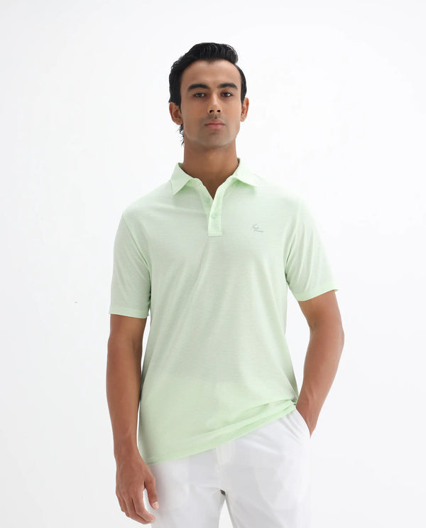 Rare Rabbit Men's Tunas Light Green Cotton Polyester Fabric Collared Neck Half Sleeves Striped Polo T-Shirt