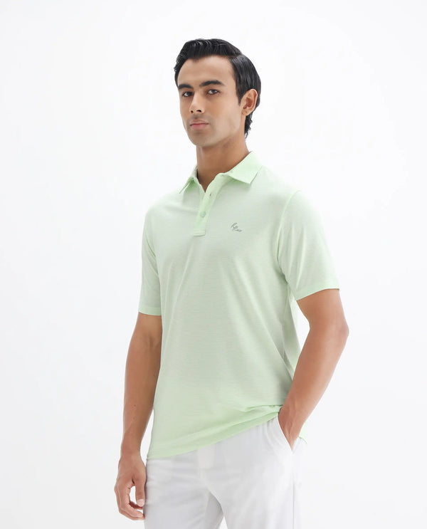 Rare Rabbit Men's Tunas Light Green Cotton Polyester Fabric Collared Neck Half Sleeves Striped Polo T-Shirt