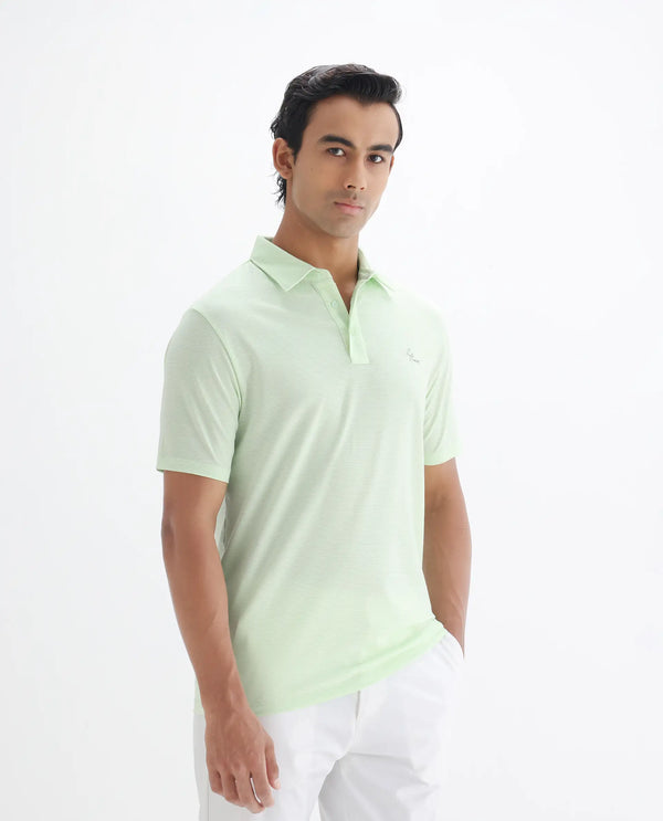 Rare Rabbit Men's Tunas Light Green Cotton Polyester Fabric Collared Neck Half Sleeves Striped Polo T-Shirt