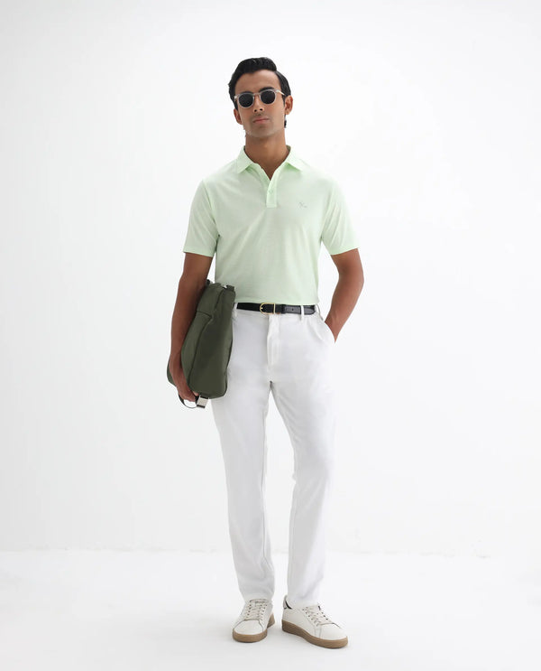 Rare Rabbit Men's Tunas Light Green Cotton Polyester Fabric Collared Neck Half Sleeves Striped Polo T-Shirt