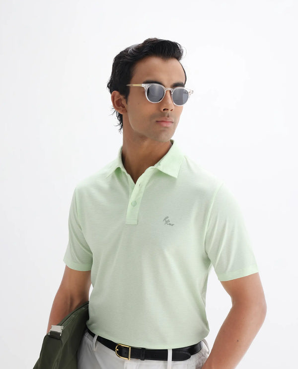 Rare Rabbit Men's Tunas Light Green Cotton Polyester Fabric Collared Neck Half Sleeves Striped Polo T-Shirt