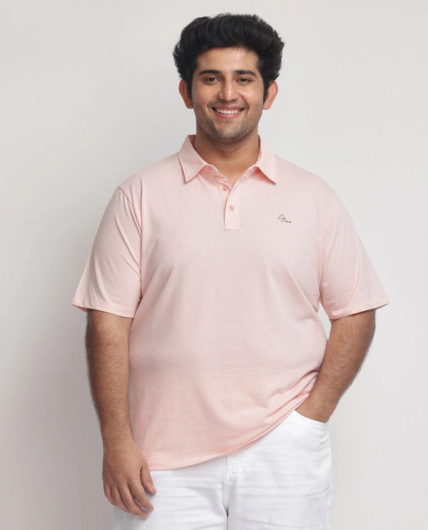 Rare Rabbit Men's Tunas Light Pink Cotton Polyester Fabric Collared Neck Half Sleeves Striped Polo T-Shirt Plus Size