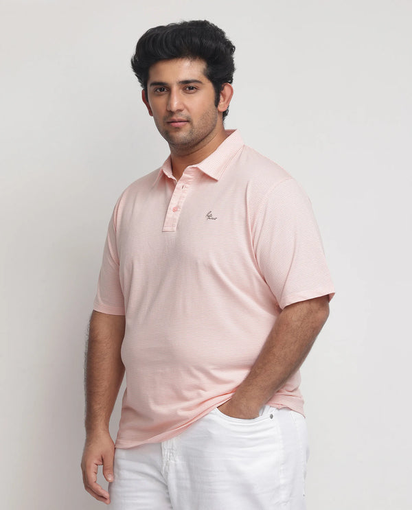 Rare Rabbit Men's Tunas Light Pink Cotton Polyester Fabric Collared Neck Half Sleeves Striped Polo T-Shirt Plus Size