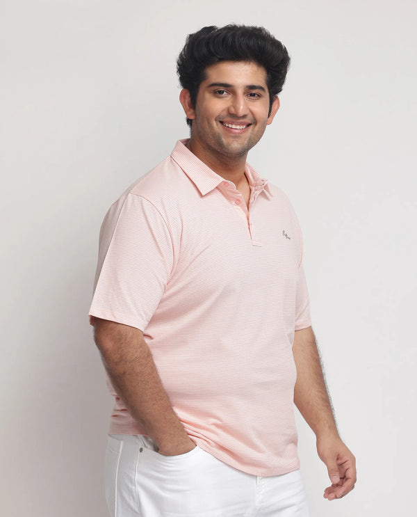 Rare Rabbit Men's Tunas Light Pink Cotton Polyester Fabric Collared Neck Half Sleeves Striped Polo T-Shirt Plus Size