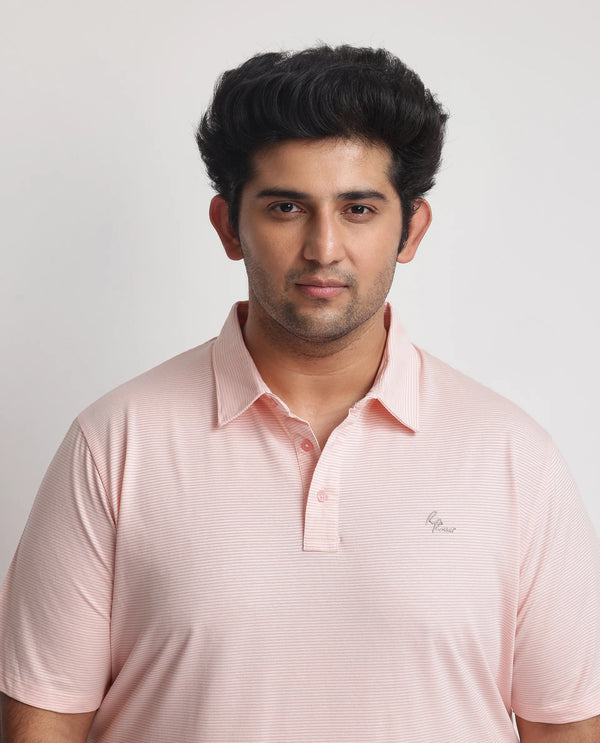 Rare Rabbit Men's Tunas Light Pink Cotton Polyester Fabric Collared Neck Half Sleeves Striped Polo T-Shirt Plus Size