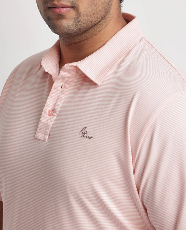Rare Rabbit Men's Tunas Light Pink Cotton Polyester Fabric Collared Neck Half Sleeves Striped Polo T-Shirt Plus Size