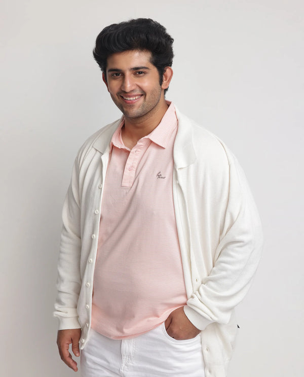 Rare Rabbit Men's Tunas Light Pink Cotton Polyester Fabric Collared Neck Half Sleeves Striped Polo T-Shirt Plus Size