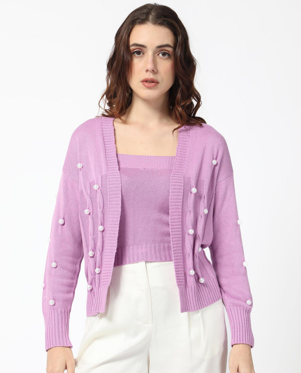 Rareism Women Tunnel 1 Pastel Purple Viscose Fabric Full Sleeves Balloon Sleeve Regular Fit Embellished Sweater