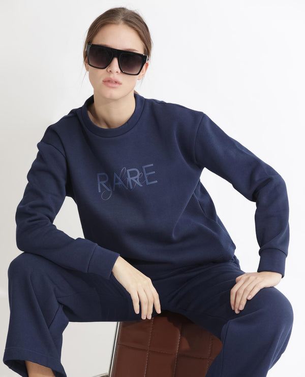 Rareism Women Tuppen Navy Poly Cotton Fabric Relaxed Fit Full Sleeves Print Round Neck Sweatshirt