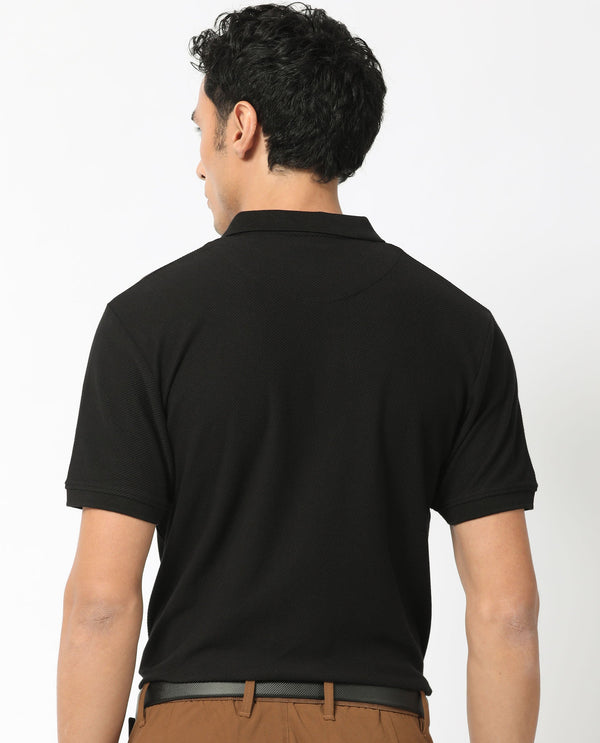 Rare Rabbit Men's Turino Black Cotton Fabric Collared Neck Half Sleeves Textured Polo T-Shirt