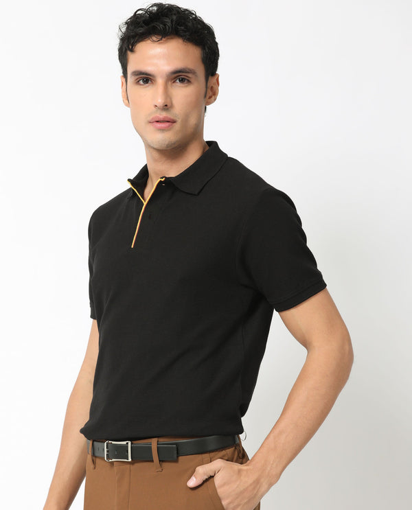 Rare Rabbit Men's Turino Black Cotton Fabric Collared Neck Half Sleeves Textured Polo T-Shirt