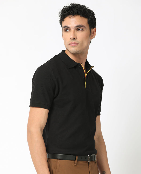 Rare Rabbit Men's Turino Black Cotton Fabric Collared Neck Half Sleeves Textured Polo T-Shirt