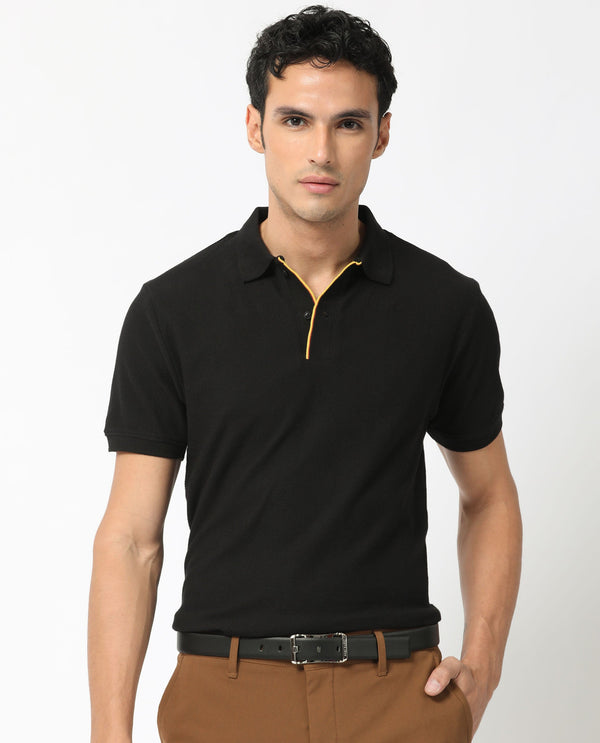 Rare Rabbit Men's Turino Black Cotton Fabric Collared Neck Half Sleeves Textured Polo T-Shirt