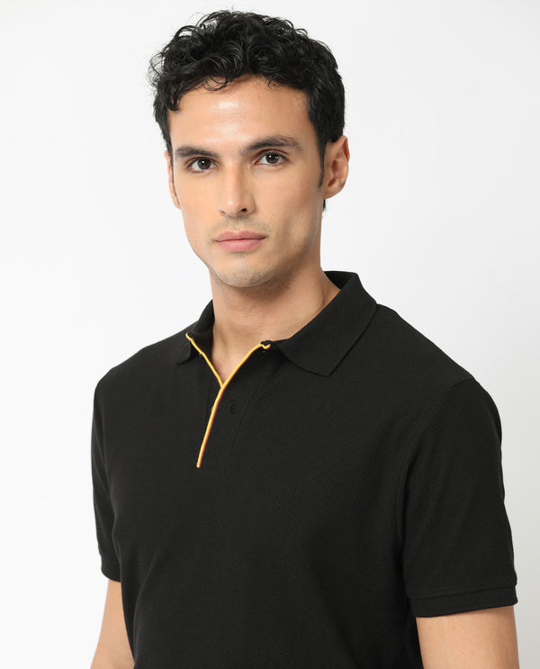 Rare Rabbit Men's Turino Black Cotton Fabric Collared Neck Half Sleeves Textured Polo T-Shirt