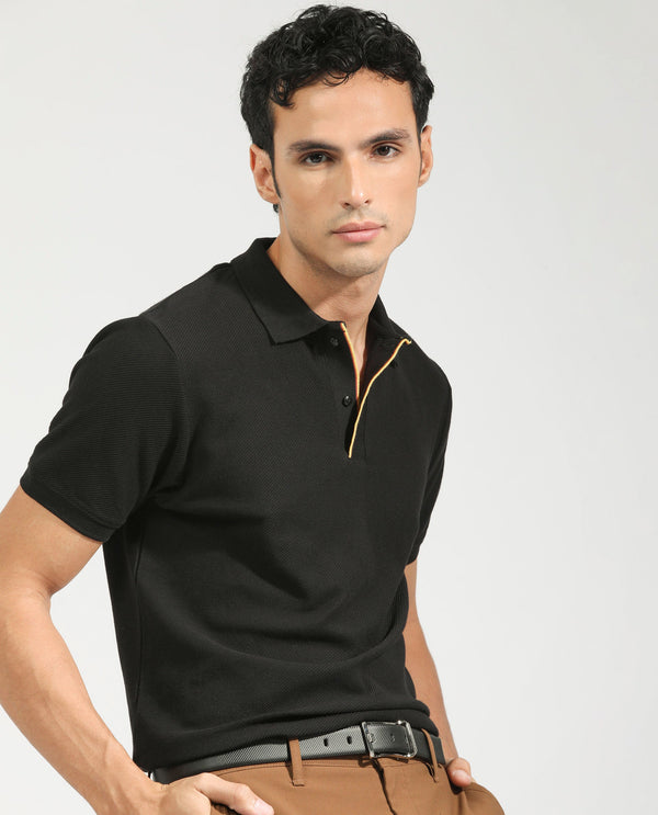 Rare Rabbit Men's Turino Black Cotton Fabric Collared Neck Half Sleeves Textured Polo T-Shirt