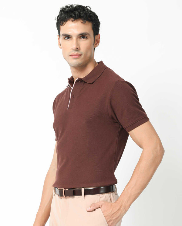 Rare Rabbit Men's Turino Brown Cotton Fabric Collared Neck Half Sleeves Textured Polo T-Shirt