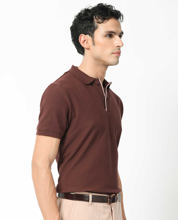 Rare Rabbit Men's Turino Brown Cotton Fabric Collared Neck Half Sleeves Textured Polo T-Shirt