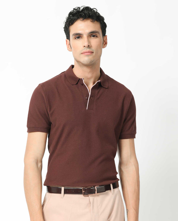 Rare Rabbit Men's Turino Brown Cotton Fabric Collared Neck Half Sleeves Textured Polo T-Shirt