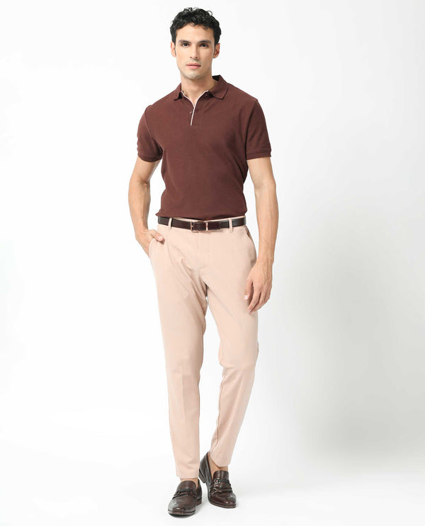 Rare Rabbit Men's Turino Brown Cotton Fabric Collared Neck Half Sleeves Textured Polo T-Shirt