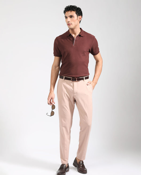 Rare Rabbit Men's Turino Brown Cotton Fabric Collared Neck Half Sleeves Textured Polo T-Shirt