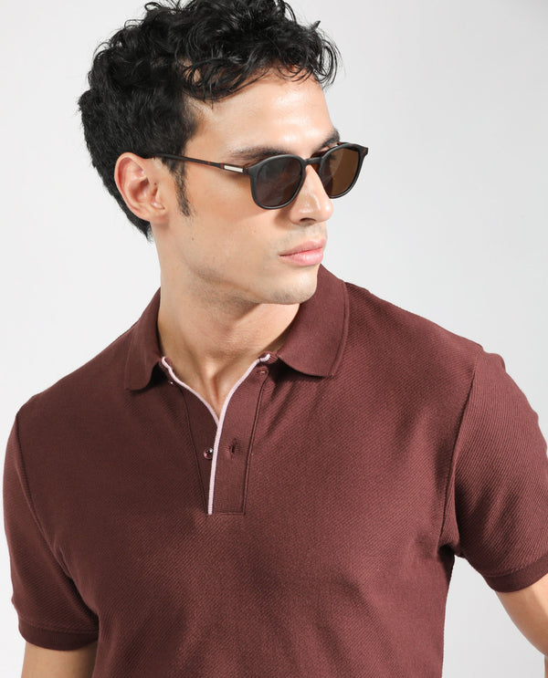 Rare Rabbit Men's Turino Brown Cotton Fabric Collared Neck Half Sleeves Textured Polo T-Shirt