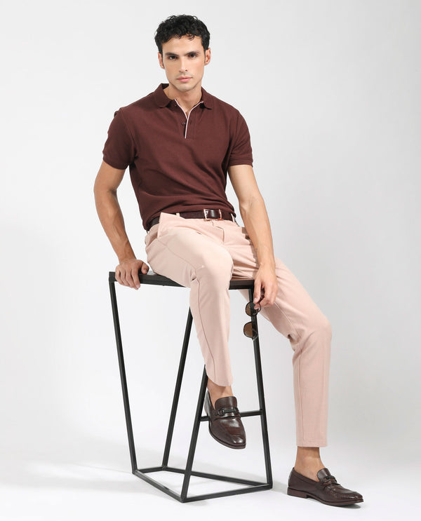 Rare Rabbit Men's Turino Brown Cotton Fabric Collared Neck Half Sleeves Textured Polo T-Shirt