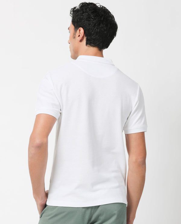 Rare Rabbit Men's Turino White Cotton Fabric Collared Neck Half Sleeves Textured Polo T-Shirt