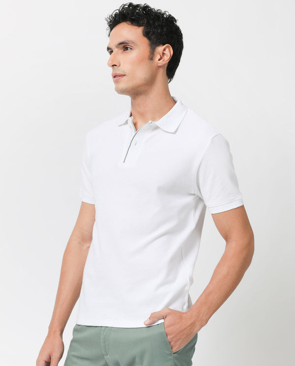 Rare Rabbit Men's Turino White Cotton Fabric Collared Neck Half Sleeves Textured Polo T-Shirt