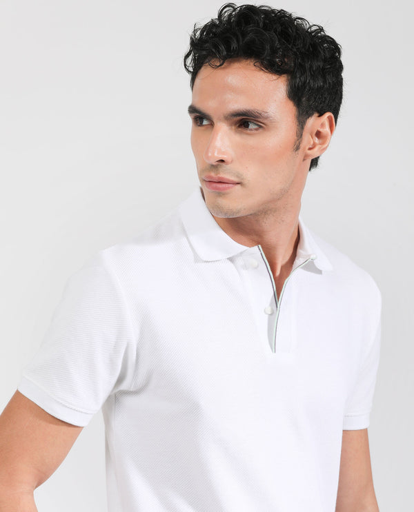 Rare Rabbit Men's Turino White Cotton Fabric Collared Neck Half Sleeves Textured Polo T-Shirt