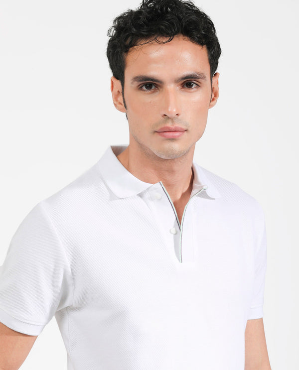 Rare Rabbit Men's Turino White Cotton Fabric Collared Neck Half Sleeves Textured Polo T-Shirt