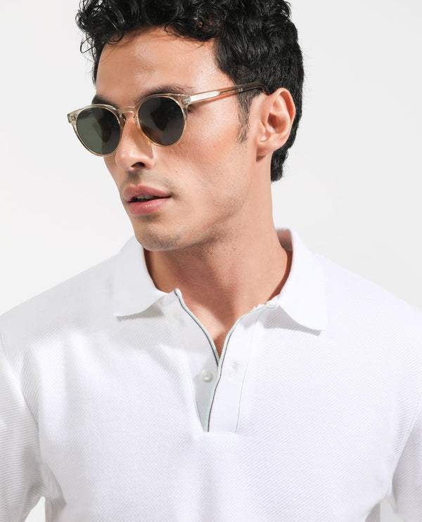 Rare Rabbit Men's Turino White Cotton Fabric Collared Neck Half Sleeves Textured Polo T-Shirt