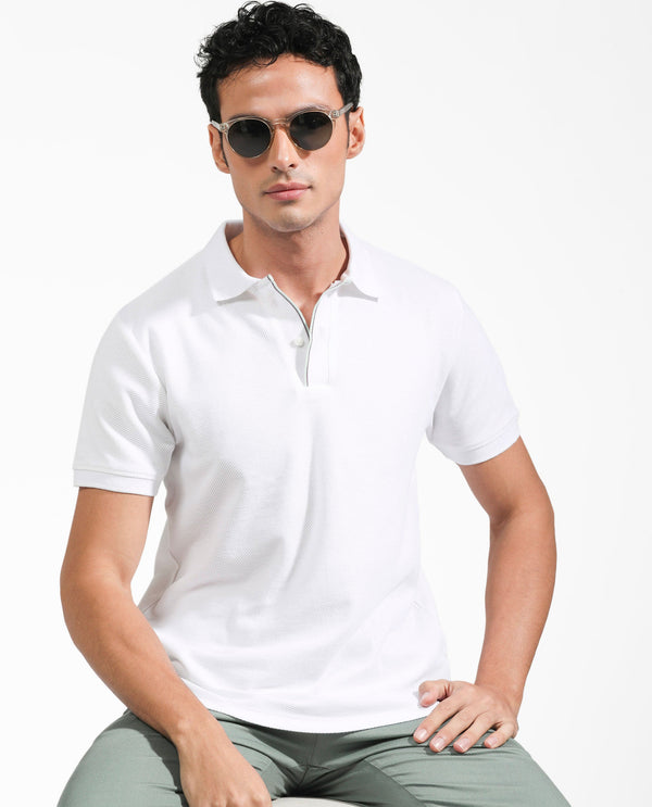 Rare Rabbit Men's Turino White Cotton Fabric Collared Neck Half Sleeves Textured Polo T-Shirt